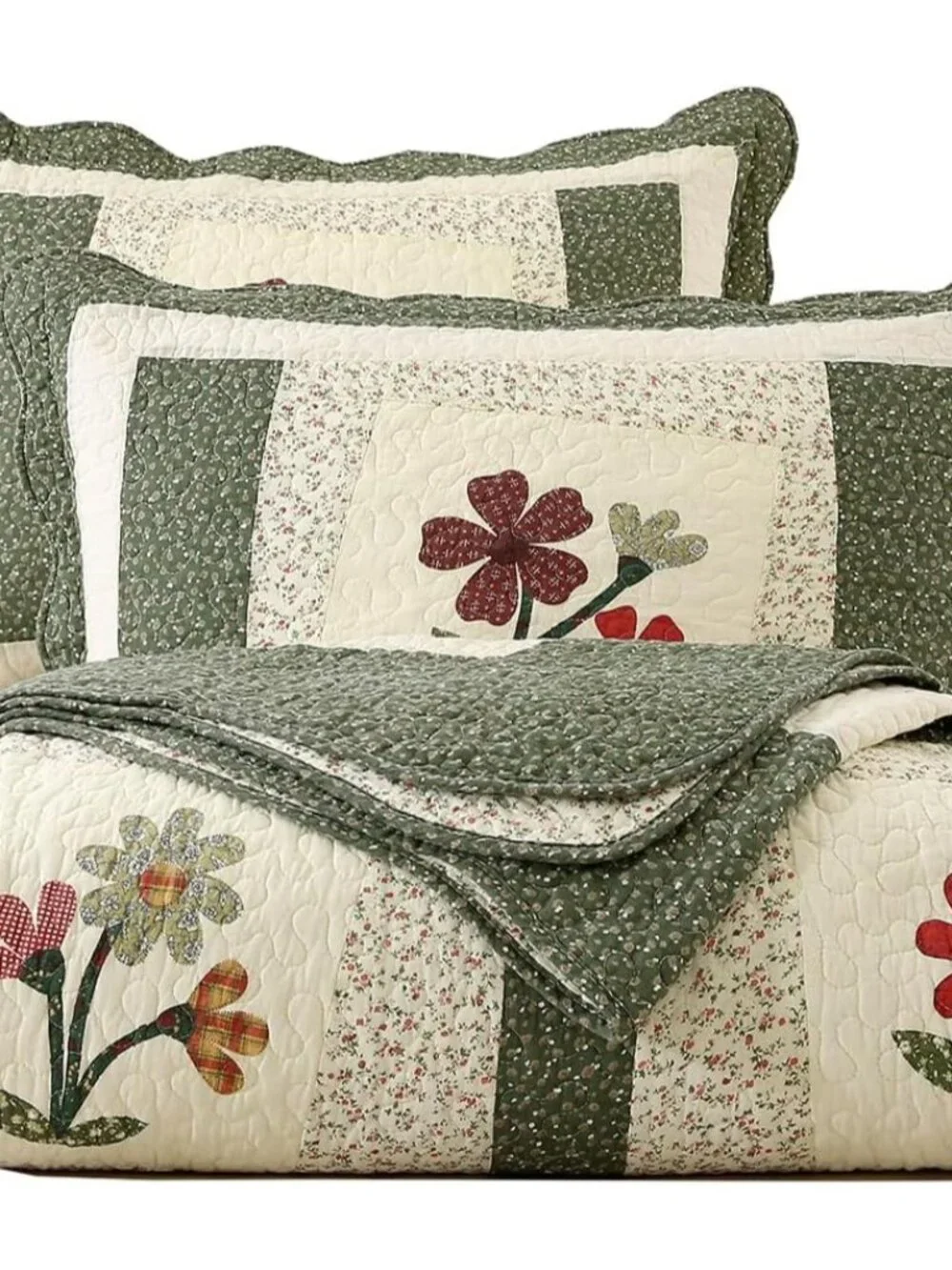 Farmhouse Green 3 Piece Embroidered Floral Quilted Bedspread Quilt Set 100% Cott